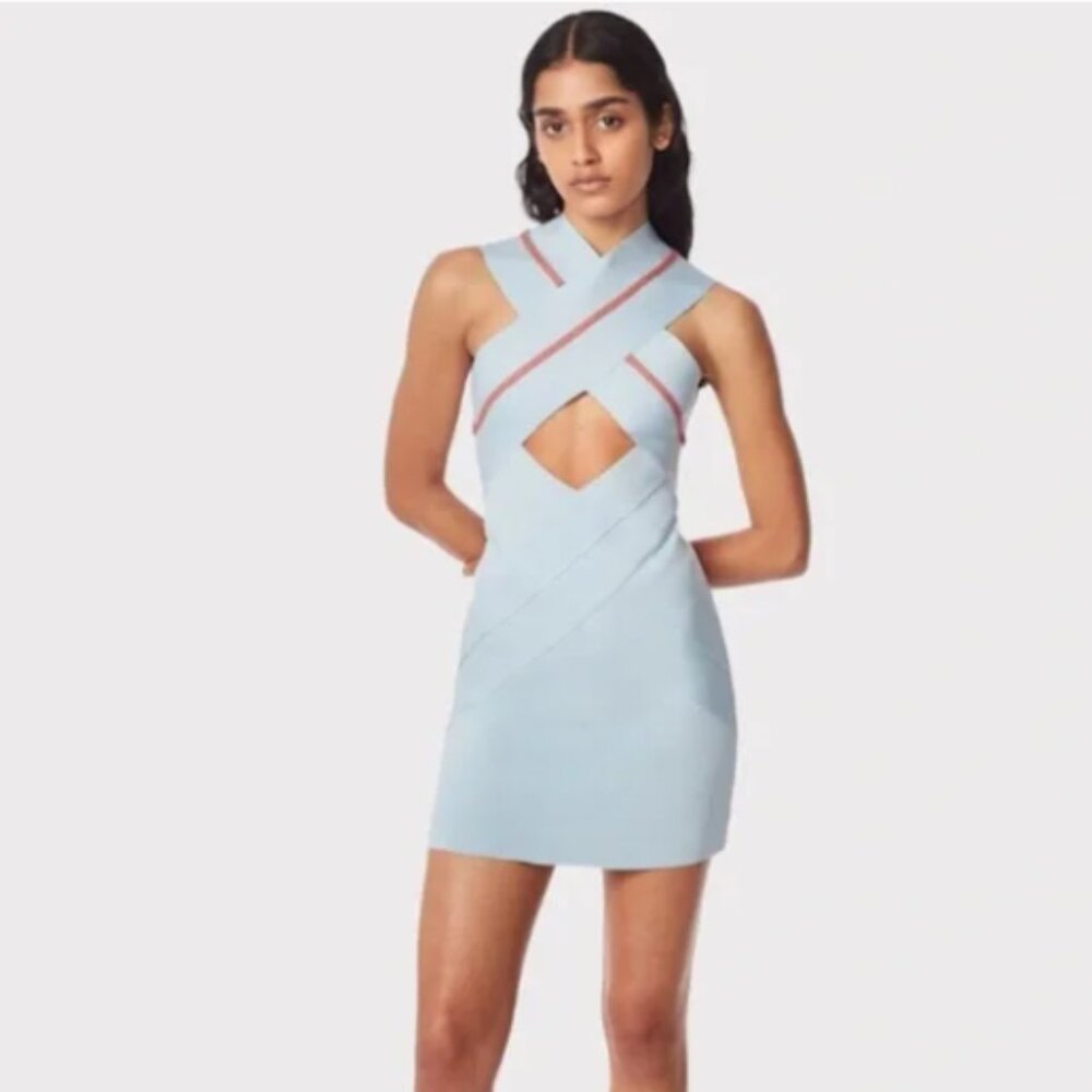 Herve Leger Crossover Bodycon Dress Steel Blue Size: XS NWT!